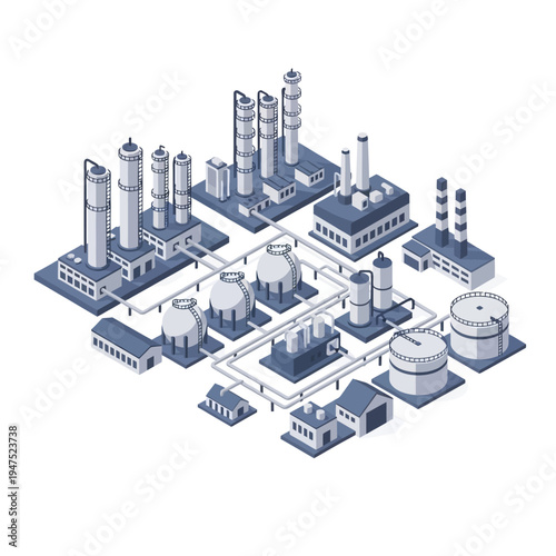 Isometric illustration of a complex industrial plant with various structures and pipelines.