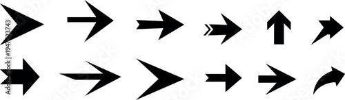 A collection of 12 black arrow icons pointing in various directions on a white background