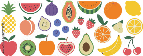Diverse Collection of Fresh Fruits and Berries in Flat Design pineapple watermelon