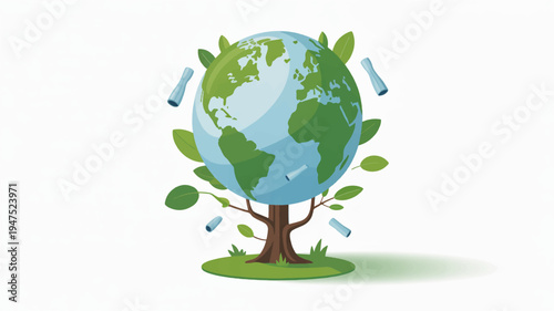 Earth with tree growing out of it symbolizing environmental conservation and sustainability on a white background