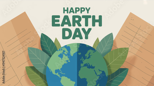Happy earth day eco friendly illustration with globe and leaves on recycled paper background