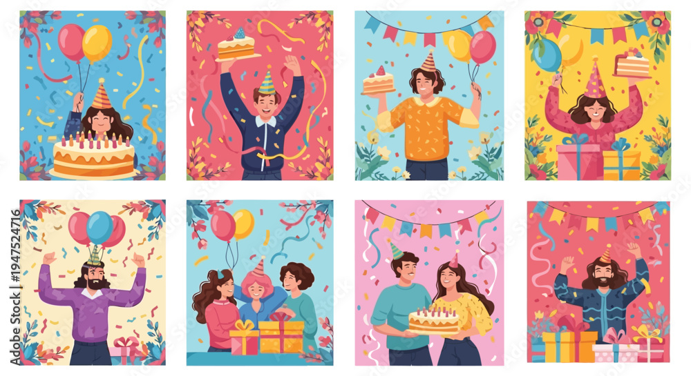 Εκτύπωση καμβά Collection of vibrant illustrations depicting various people celebrating birthdays with cakes, balloons, gifts, and festive decorations