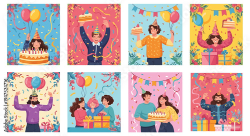 Collection of vibrant illustrations depicting various people celebrating birthdays with cakes, balloons, gifts, and festive decorations.