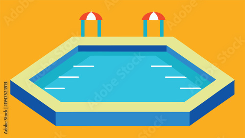 An octagonal swimming pool with a light yellow border and dark blue base sits on an orange background with two red and white striped beach umbrellas.