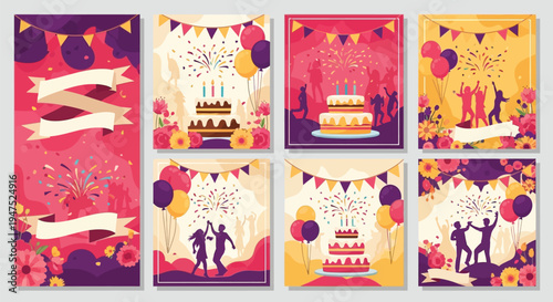 A collection of vibrant, festive illustrations for celebrations, featuring cakes, balloons, confetti, and dancing silhouettes, perfect for party invitations or greeting cards.