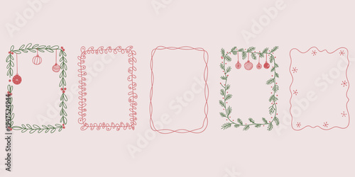 Five Hand Drawn Christmas Borders and Frames with Ornaments and Pine Needles Keywords: Christmas, border, frame, holiday