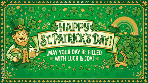 Vibrant st patrick's day greeting card with leprechaun rainbow and shamrocks on green background