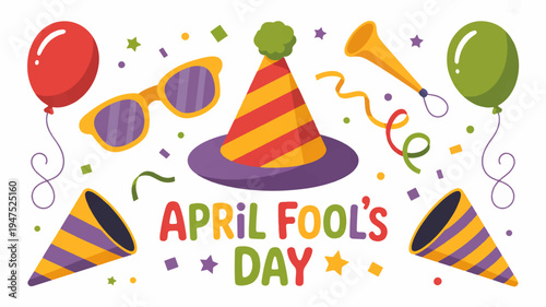 Colorful april fool's day celebration graphic with party hat balloons and confetti on white background
