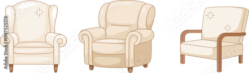 Vector illustration collection of three comfortable beige armchairs with vintage and modern designs isolated on white background for interior decor and furniture catalogs.