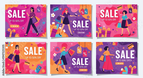 Collection of vibrant sale banners featuring women shopping with bags and gifts, promoting discounts up to 50% off for retail promotions.
