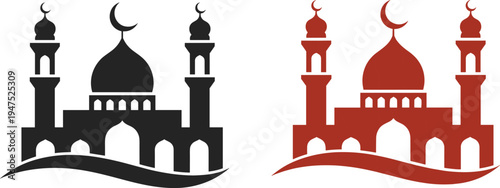 Islamic mosque silhouette icon set with crescent moon and minarets in black and red colors, Ramadan architecture symbol, traditional Muslim worship building illustration