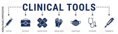 Clinical Tools web banner icon vector illustration with Injection, First Aid Kit, Adhesive Plaster, Medical Gloves, Surgical Mask, Stethoscope and Thermometer