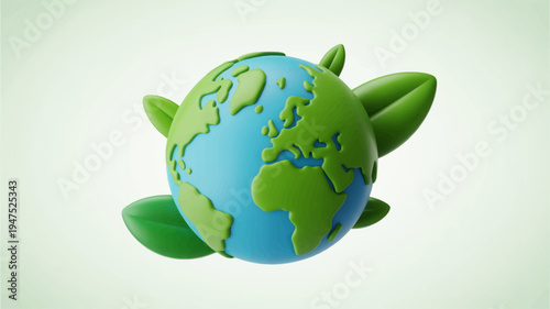 Green earth planet with leafy turtle fins on white background eco friendly symbol