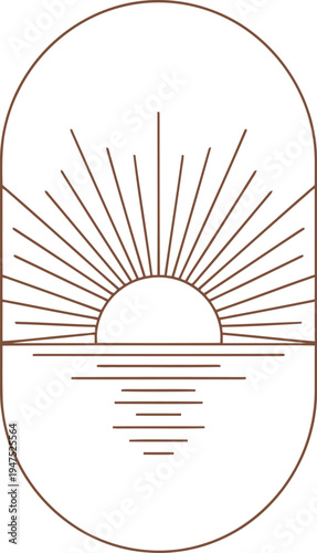 A black and white drawing of a sun rising over the water