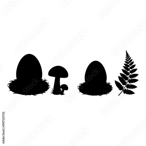 Whimsical forest scene featuring mushrooms and a fern in black silhouette. Vector, illustration