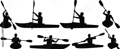 Kayaking silhouettes set, canoe paddling athlete action poses on water sport adventure vector illustration collection
