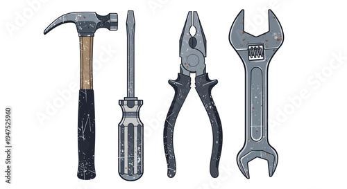 Hammer, Screwdriver, Pliers, and Wrench set on white background