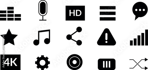 Collection of multimedia and settings icons in black and white