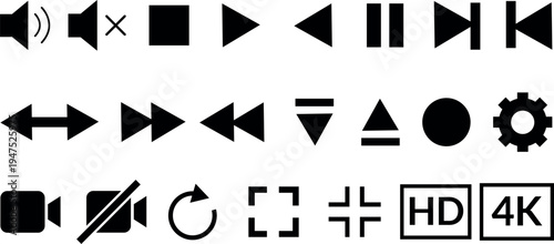 Collection of black video player control icons on a white background