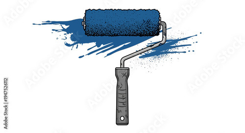 Paint roller with blue paint splatters on white background