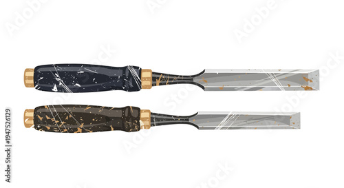 Pair of old chisels with worn handles, isolated on white background