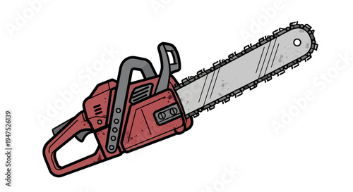 Red chainsaw with metallic blade and teeth, cartoon style
