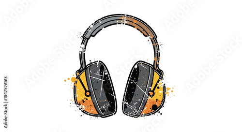 Retro headphones with grunge texture and paint splatters