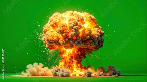 Explosion Bursting Fireball and Sparks on geen background