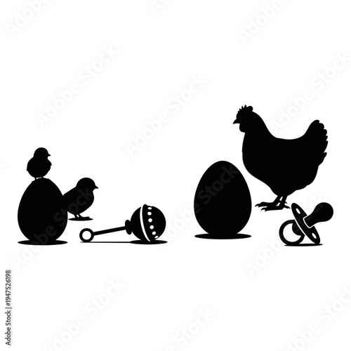 Chicks and rooster with pacifiers and eggs in a whimsical black and white illustration Vector, illustration