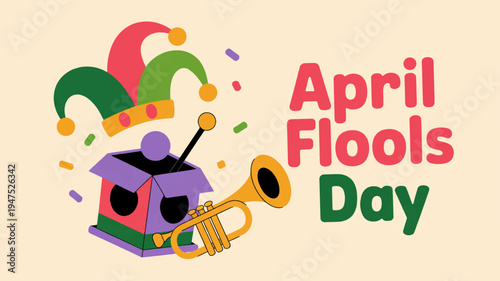 April fools' day celebration with colorful jester hat and trumpet on beige background