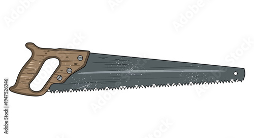 Vintage Hand Saw Tool, Wood Handle, Isolated on White