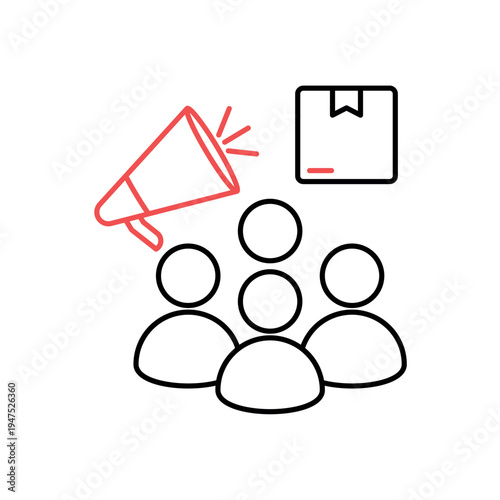 icon consumer buzz with megaphone and group of people, isolated against a clean background.