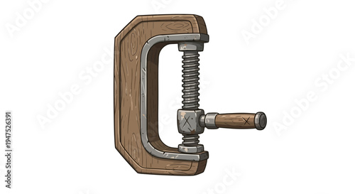 Vintage wooden C-clamp with metal screw and handle isolated on white background