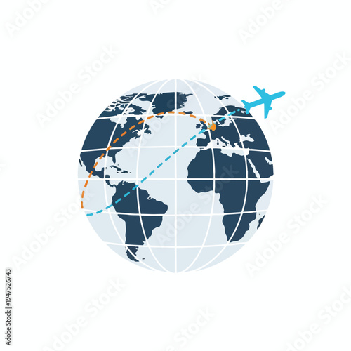 A stylized globe depicts continents and flight paths with an airplane