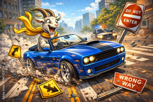 Funny cartoon goat driving a blue convertible car at high speed through a city street while smashing road signs and breaking traffic rules. 