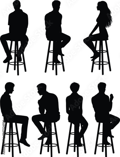 People sitting on stool silhouettes set, men and women seated poses conversation waiting vector illustration collection