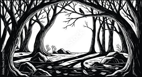 Dark spooky forest silhouette illustration, gothic halloween woodland landscape, eerie trees night scene, horror nature background vector artwork