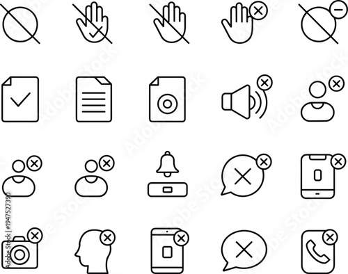Prohibited action line icons set, restriction symbols with cross mark user phone message warning vector illustration collection