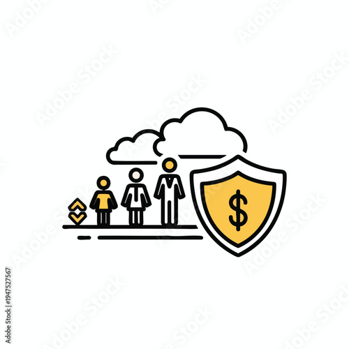 Stylized figures under clouds are protected by a shield with a dollar sign