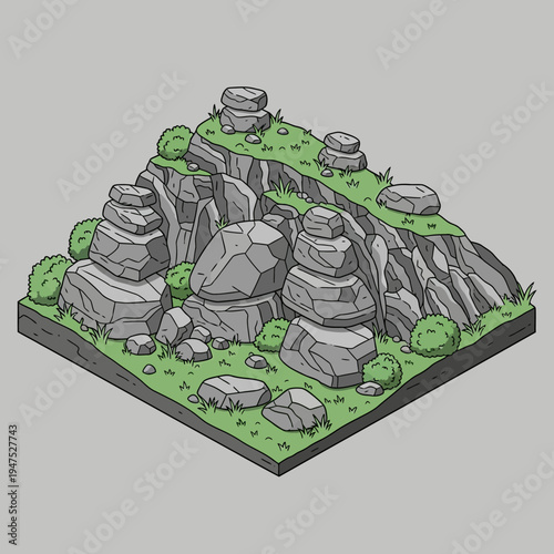 Isometric rocky hillside with green grass.
