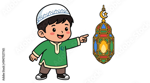 A young boy wearing a traditional outfit points at a colorful lantern.