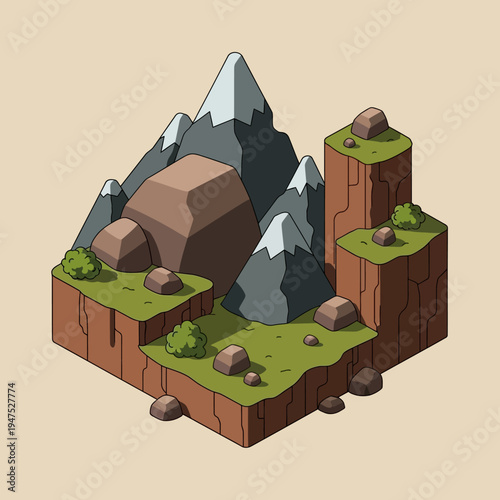 Isometric mountain landscape with cliffs.