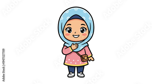 A young girl wearing a hijab stands smiling in a casual outfit.