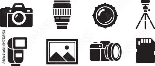Black and white of cameras, lenses, tripod, and memory card