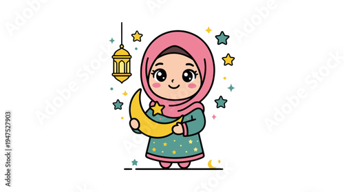 A young girl wearing a pink hijab holds a crescent moon surrounded by colorful stars and a lantern.