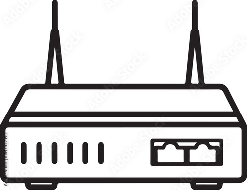 Black and white line of a wireless router with antennas and ports line black and white network device