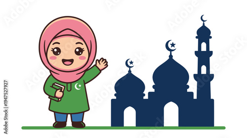 A smiling girl wearing a pink headscarf stands beside a mosque during Ramadan.