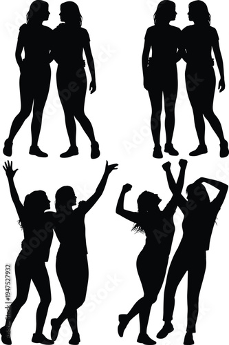 Women friends silhouettes set, girls hugging dancing celebrating friendship poses, happy female group vector illustration collection