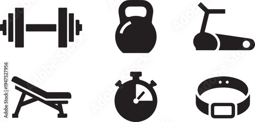 Black and white of fitness equipment and accessories including dumbbells kettlebell treadmill bench stopwatch and smartwatch