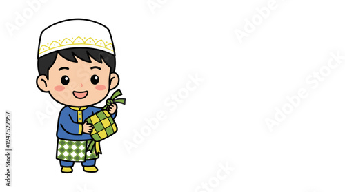 A young boy in traditional attire holding a ketupat and smiling cheerfully outdoors